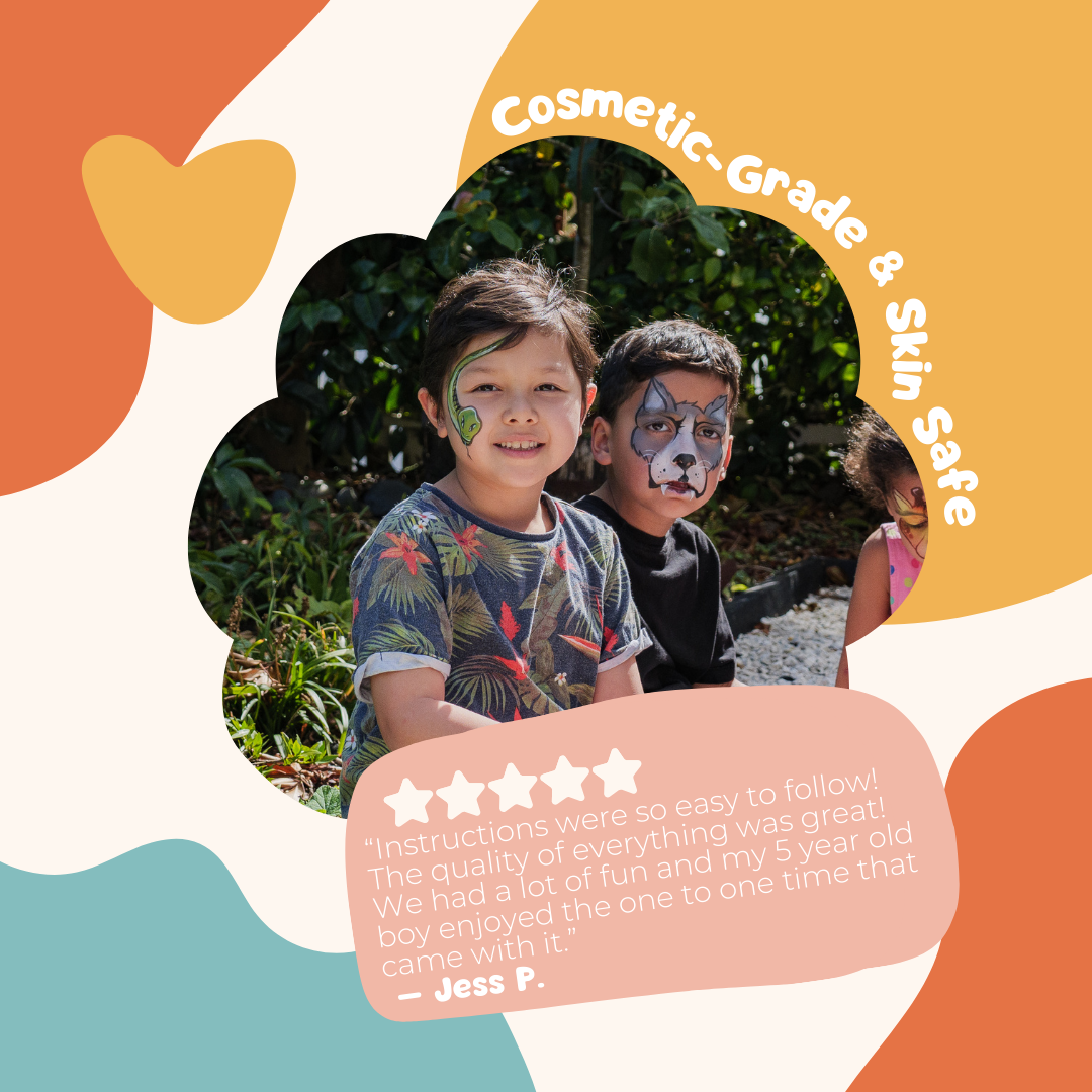 Overview of the designs and contents in the Palette Pals Animal Kingdom Kids Face Paint Kit