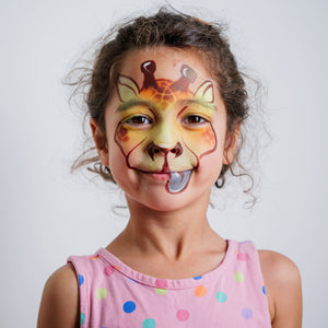 Parent painting a child's face at home using the Palette Pals Animal Kingdom kit