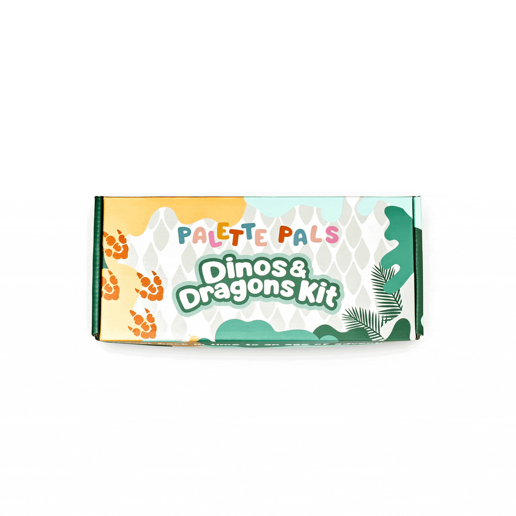 Animated demo showing the contents of the Palette Pals Dino & Dragon kids face paint kit