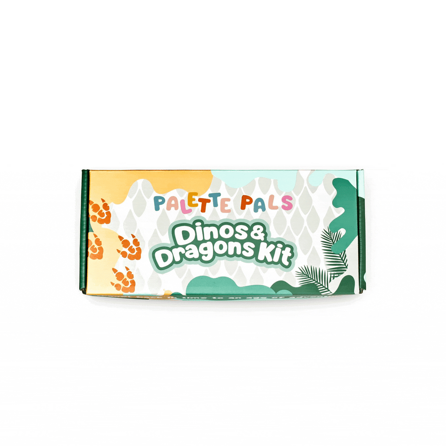 Animated demo showing the contents of the Palette Pals Dino & Dragon kids face paint kit