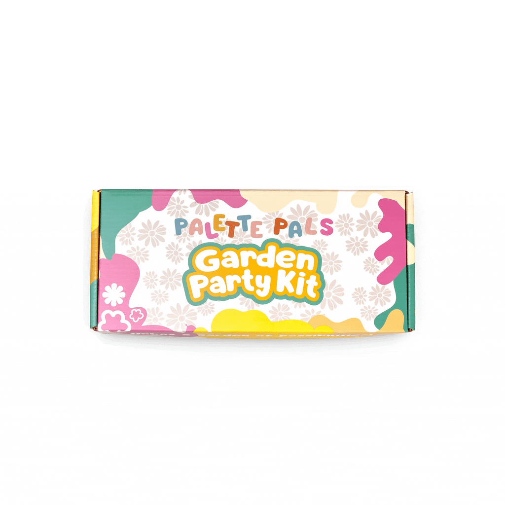 Animated demo showing the contents of the Palette Pals Garden Party kids face paint kit