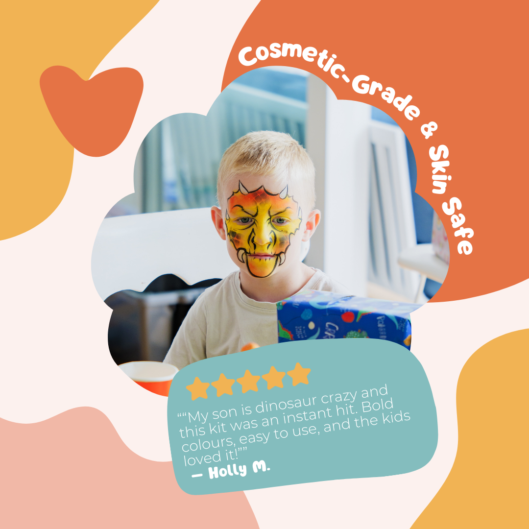 Overview of the designs and contents in the Palette Pals Dino & Dragon Kids Face Paint Kit