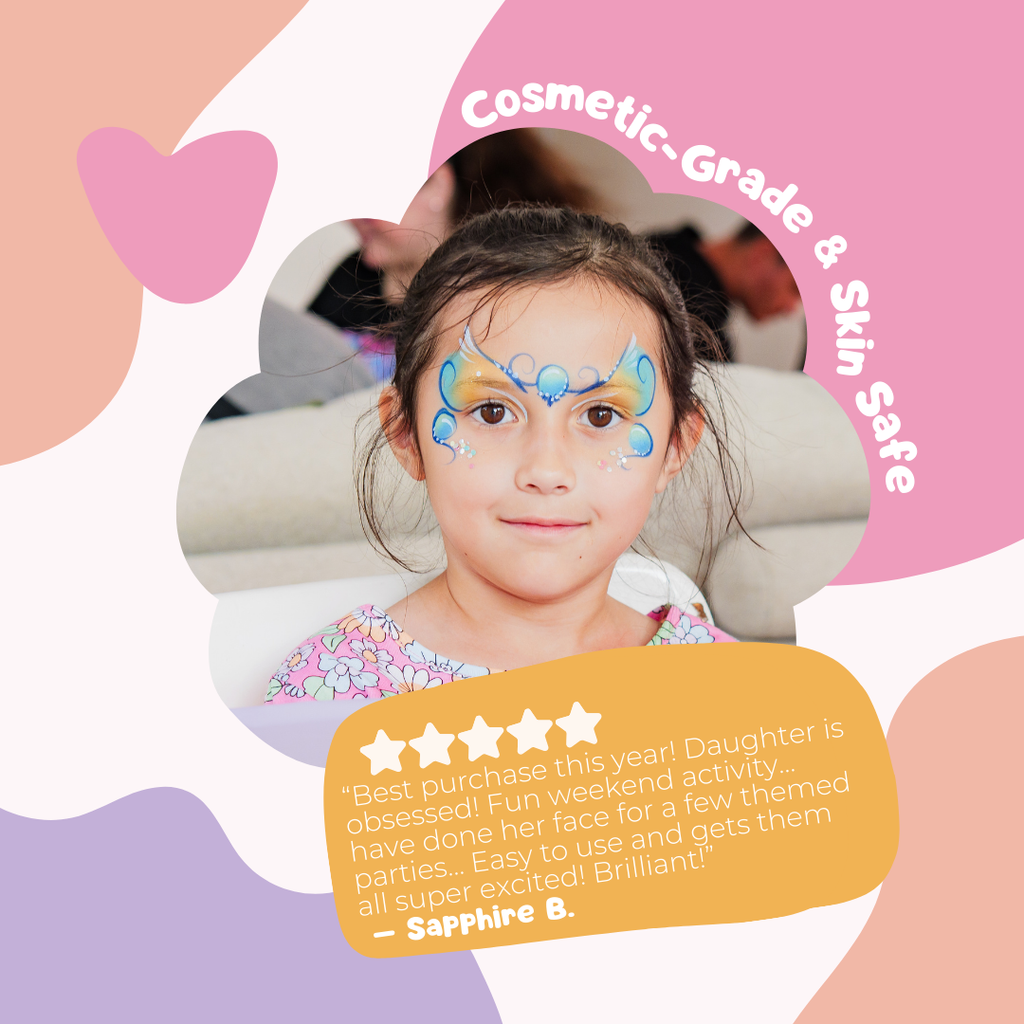 Overview of the designs and contents in the Palette Pals FairyTales Kids Face Paint Kit