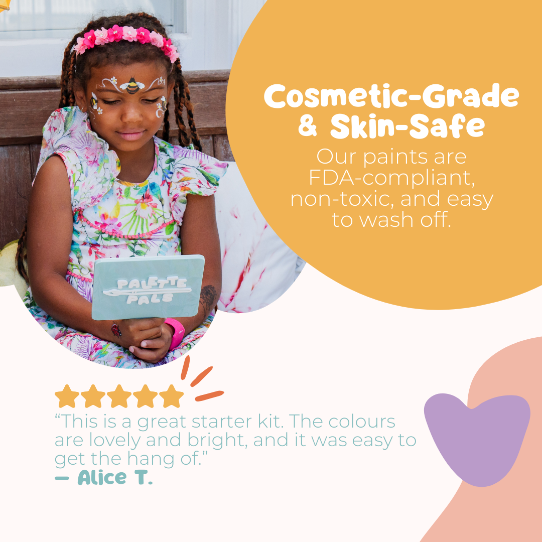 Overview of the designs and contents in the Palette Pals Garden Party Kids Face Paint Kit