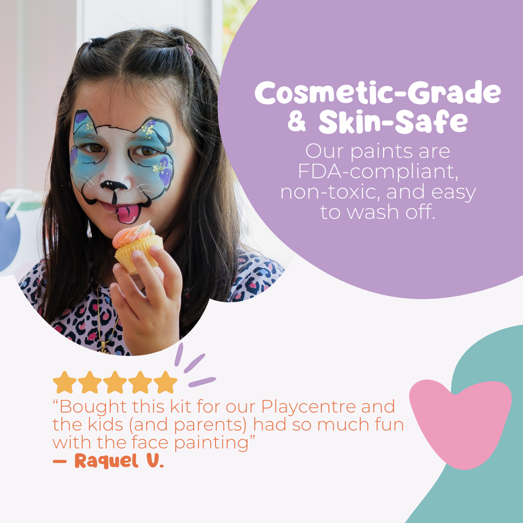 Overview of the designs and contents in the Palette Pals Imagination Kids Face Paint Kit
