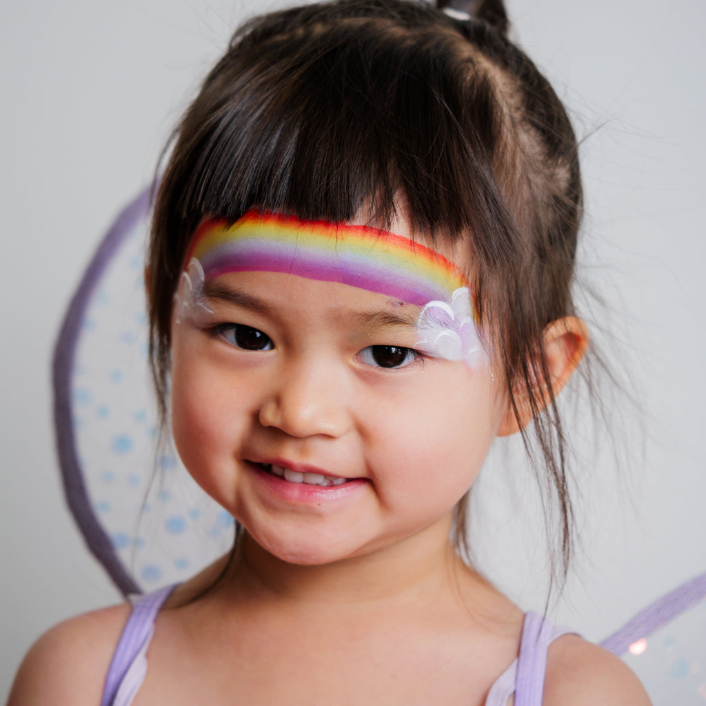 Child wearing a butterfly face paint design created with the Imagination kit