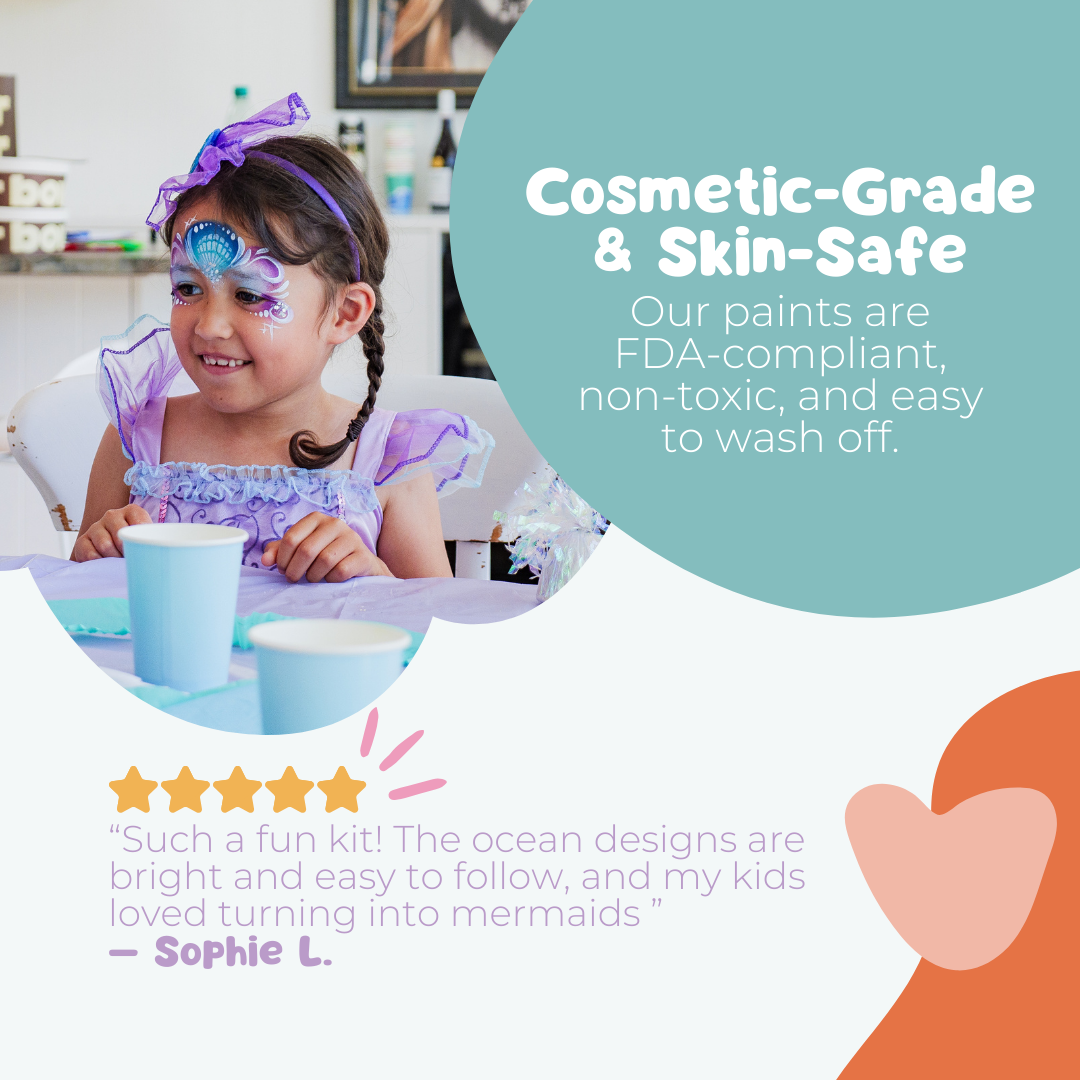 Overview of the designs and contents in the Palette Pals Oceans Adventure Kids Face Paint Kit