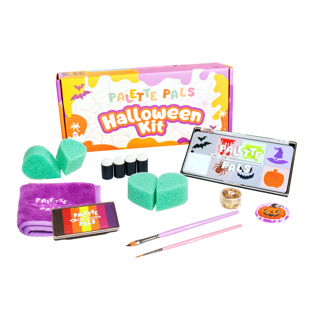 The Palette Pals Halloween Kids Face Paint Kit box with spooky designs