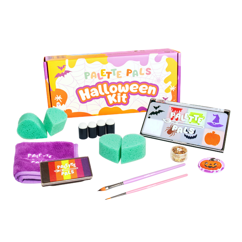 The Palette Pals Halloween Kids Face Paint Kit box with spooky designs