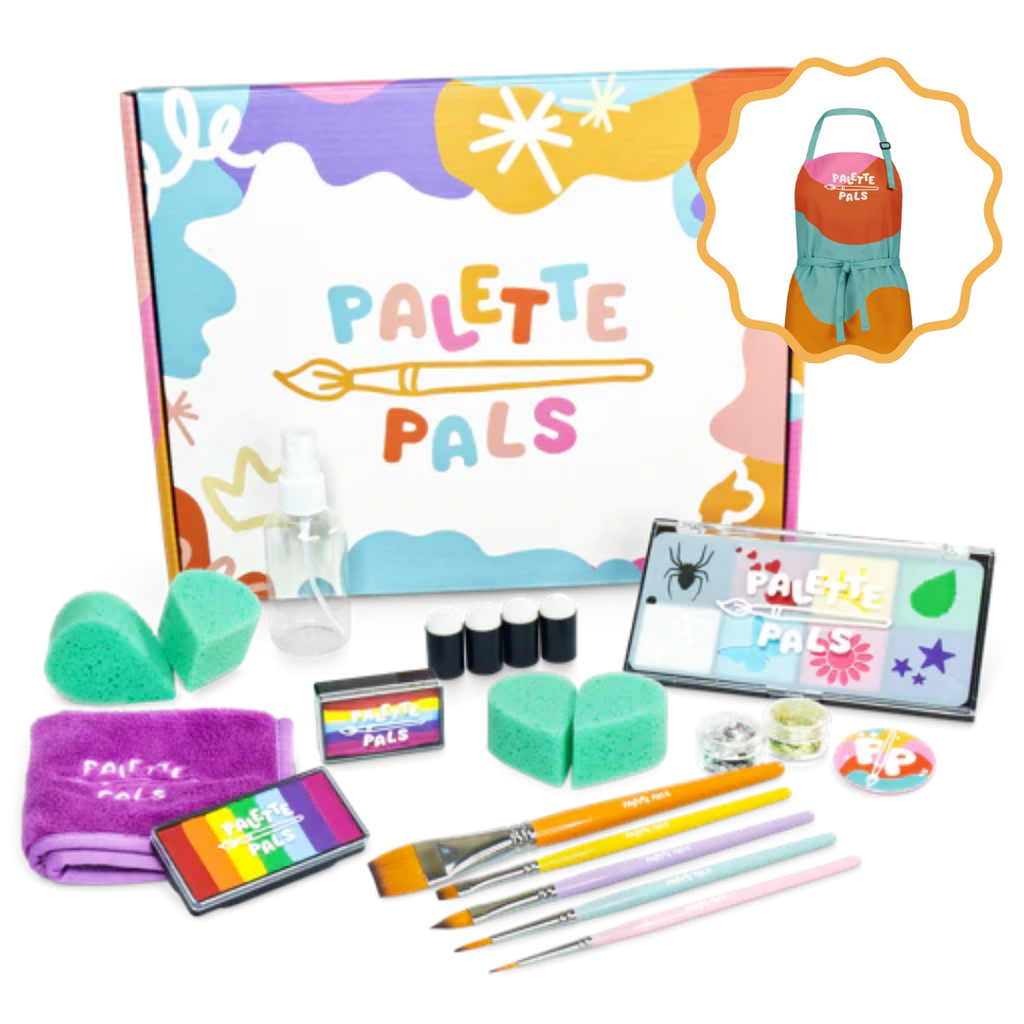 The Palette Pals Imagination Kids Face Paint Kit box, an all-in-one face painting set for beginners